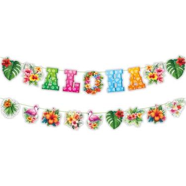 Imagem de ALOHA Banner de pano de fundo, bandeira havaiana luau bandeira bandeira bandeira flâmula decorações de festa, guirlanda suspensa tropical, adereços de cabine de fotos, suprimentos de verão piscina
