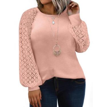 Imagem de Camisa feminina Eytino, tamanho grande, gola redonda, renda, manga com