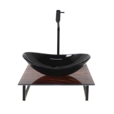 Imagem de Gabinete de vidro com cuba oval com tampo de vidro 40cm x 40cm madeira