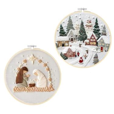 Imagem de JIABUUN 2 conjuntos de kits de bordado de Natal kits de ponto cruz de Natal para adultos, kit de bordado de Natal para iniciantes, presépio faça você mesmo para iniciantes com padrão, fios, agulhas