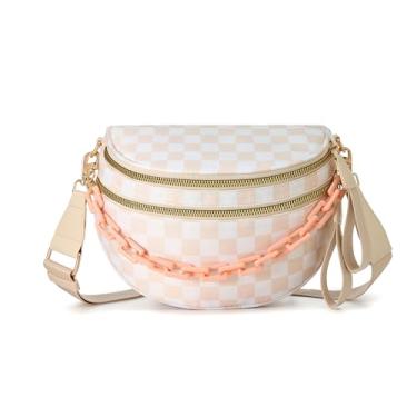 Imagem de Espaçosa bolsa transversal de nylon quadriculada bolsas de mão xadrez carteiras com corrente personalizada para mulheres, Corrente - Xadrez Bege, Large, Elegante