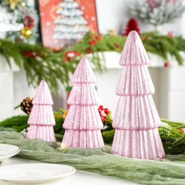Imagem de Songjum 3 peças de decoração de árvore de Natal artificial de espuma brilhante para mesa de Natal moderna decoração central de Natal para decoração de mesa de casa e festa (rosa)
