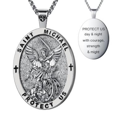 Imagem de OigvcoTe Colar com pingente de São Miguel, banhado a ouro 24K com esmalte vermelho, corrente de 40 cm, medalha de proteção religiosa, formato oval, 44 Millimeters, Metal, Zircônia cúbica