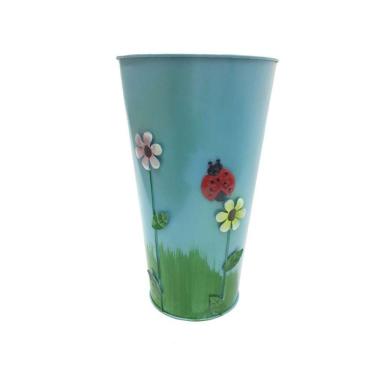 Imagem de Vaso Balde Metal Enfeite Jardim Quintal Varanda Joaninha Flor Azul