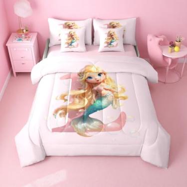Imagem de Erosebridal Conjunto de edredom de sereia rosa fofo com lençol - Conjunto de cama solteiro com monograma personalizado G para meninos e meninas, sereia kawaii, 7 peças, conjunto de cama em uma bolsa