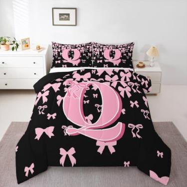 Imagem de jejeloiu Conjunto de edredom para meninas, solteiro, com laço, rosa, preto e rosa, para quarto de crianças, meninos, meninas, monograma, estilo princesa sonhadora, microfibra