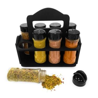 Imagem de Porta Temperos com 6 Potes de Vidro, 130ml, Tampa Dupla Dosadora, Suporte em Madeira com Alça, Etiquetas Adesivas, Organizador de Condimentos para Cozinha, 18x21x11cm