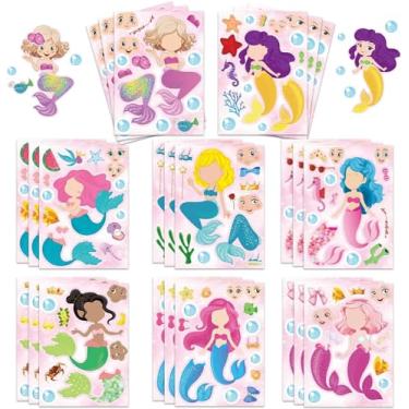 Imagem de Adesivos Make a Face - 32 folhas de sereia para meninas - Lembranças de festa de aniversário de sereia - Viagem infantil e atividades de carro
