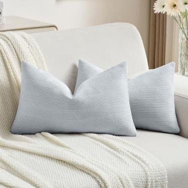 Imagem de FUTEI Capas de almofada decorativas de chenille azul claro 30,5 x 50,8 cm, conjunto de 2, capas de almofada lombar com estampas geométricas listradas macias, decoração de casa moderna para sofá-cama