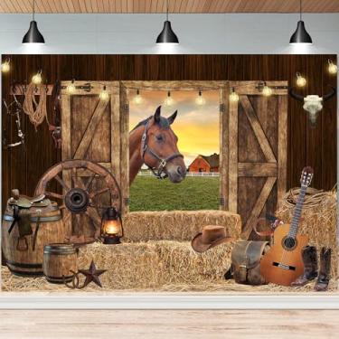 Imagem de 2,1 x 1,5 m de pano de fundo de aniversário de cowboy ocidental rústico cavalo de madeira para porta de celeiro para crianças, adultos, tema caubói selvagem, decorações de festa