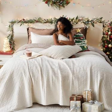 Imagem de Wonderful Conjunto de cama queen listrado de veludo, colcha de camurça luxuosa, edredom de veludo leve com 2 fronhas para todas as estações (creme, Queen)