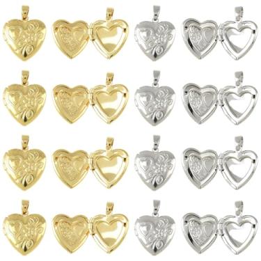 Imagem de MakemadeDIY 10 peças de porta-retratos de coração floral, pingentes de medalhão de latão para colares, pingentes de metal com flores de coração dourado e prata para joias, pulseiras, brincos