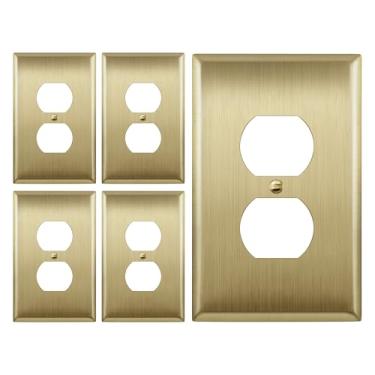 Imagem de LIDER Placa de parede de metal com receptáculo duplex, capa de tomada de aço inoxidável, resistente à corrosão, tamanho médio 12,4 cm x 7,9 cm, aço inoxidável 201, certificado UL, LMWP-21M-BB5P, latão