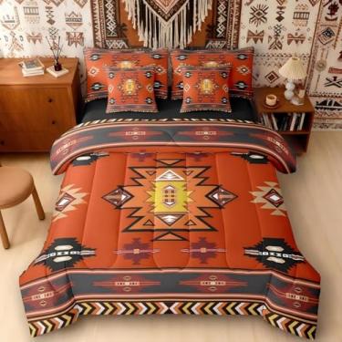Imagem de Erosebridal Conjunto de edredom tamanho King ocidental com lençóis | Conjunto de cama geométrico de 7 peças boêmio asteca em uma bolsa, decoração de quarto com flecha tribal étnica, vermelho