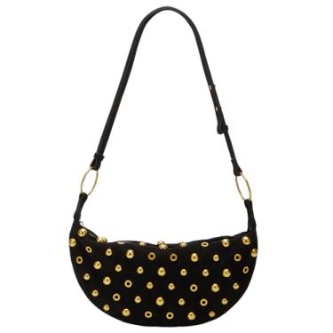 Imagem de Bolsa feminina de ombro com tachas douradas, punk, grande, camurça, bolsa moderna, retrô, alça ajustável, Preto, 6.7"L x0.8"W x6.3"H