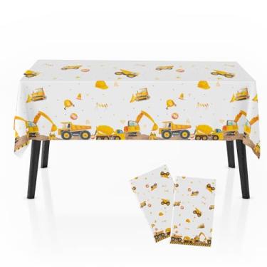 Imagem de Zharkoo Pacote com 2 toalhas de mesa de festa de construção para crianças, capa de mesa com tema escavadeira e escavadeira, decoração de festa de aniversário de caminhão de 267 x 127 cm para meninos