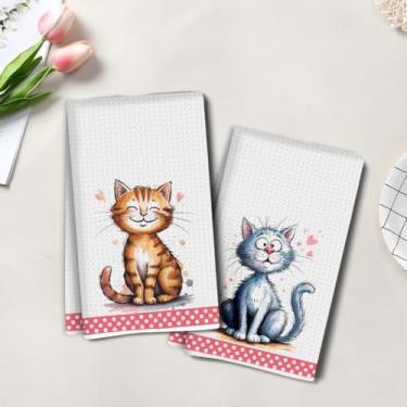 Imagem de 2 peças de toalhas de cozinha artísticas de gato de desenho animado, toalha de mão de chá super absorvente, panos de prato de microfibra para secar pratos, toalhas de prato waffle para cozinha
