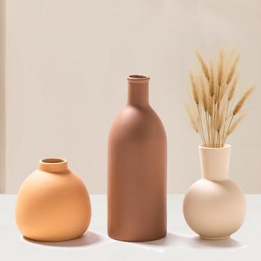 Imagem de Conjunto de 3 vasos de cerâmica, pequenos vasos decorativos rústicos modernos de cerâmica para mesa de flores secas e frescas, sala de estar, cozinha, quarto, banheiro, decoração de Natal