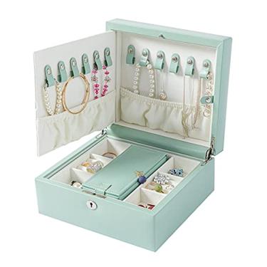 Imagem de AJMIPO Organizador de caixa de joias de 2 níveis, caixa de joias de grande capacidade, organizador de joias de couro sintético com espelho e cadeado, anel de brinco, colar, caixa de armazenamento de