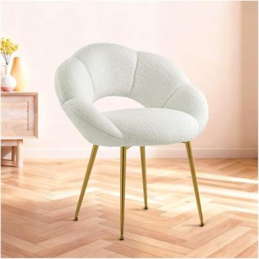 Imagem de SDXYSTCE Cadeira de maquiagem pétala com encosto, cadeira de jantar moderna, cadeira de mesa estofada para meninas com pernas de metal dourado para escritório em casa, quarto, (branca)