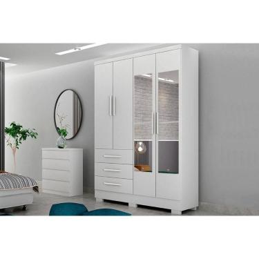 Imagem de Guarda Roupa Solteiro 4 Portas (2 C/ Espelho) E 3 Gavetas C/ Pés Encanto/berlim Neve - Novo Horizonte