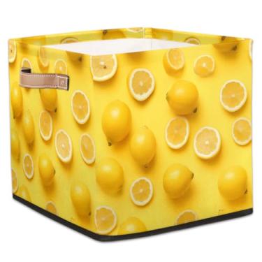 Imagem de hongjinglin Cestas dobráveis de armazenamento de frutas, amarelo-limão, caixas dobráveis realistas, brinquedo infantil com alças, organizador de tecido, cesto organizador para berçário, sala de estar