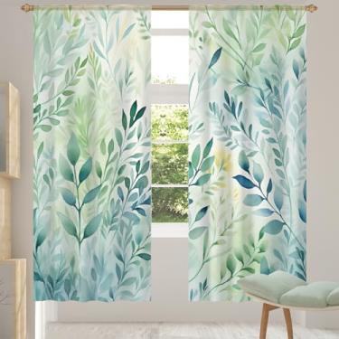 Imagem de 2 conjuntos de painéis de cortinas translúcidas retrô verde-folha, cortinas transparentes arejadas com filtro leve, painéis de cortina de porta e janela para sala de estar, quarto, jantar, 192 cm de