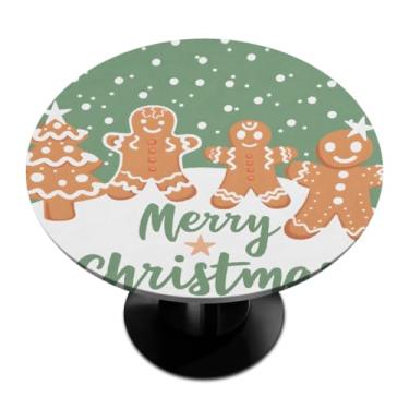 Imagem de Toalha de mesa redonda com borda elástica homem de gengibre de Natal verde toalha de mesa redonda limpa para ambientes internos e externos, pátio, jantar, cozinha, festival, decoração para mesas de