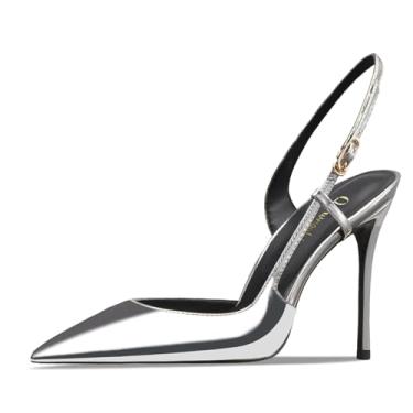 Imagem de Qunvngutui Sandália feminina sexy de bico fino com boca de flor, tira única, boca rasa, salto alto e tira no tornozelo, casual, festa, banquete, Couro prateado, 41