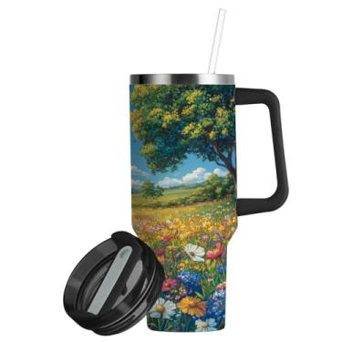 Imagem de ATTX Copo colorido de flores silvestres de 850 g com alça, copo de aço inoxidável a vácuo de parede dupla com palha, caneca de café de viagem isolada #120