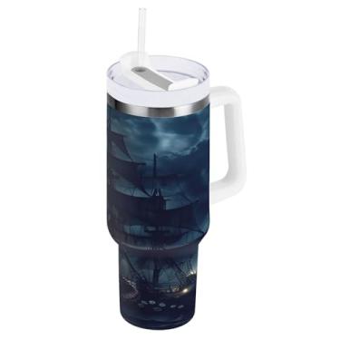 Imagem de Blueangle Copo isolado de 1,134 g com alça e tampa de canudo - Caneca de viagem de aço inoxidável à prova de vazamento, garrafa de água de navio pirata a vácuo de parede dupla (860)