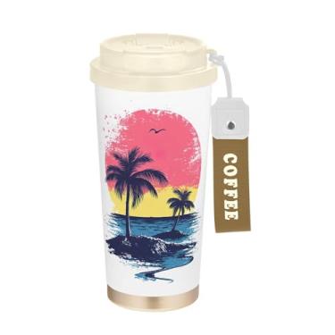 Imagem de SEHANY Caneca de viagem com palmeira de verão, 482 g, copos de café reutilizáveis revestidos de cerâmica com tampa à prova de vazamento, parede dupla, isolamento a vácuo, copo de café de aço