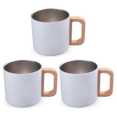 Imagem de Kit Conjunto 3 Canecas Térmicas 400ml Cor Branca com Alça de Bambu – Parede Dupla em Aço Inox, Isolamento Térmico, Design Elegante, Para Bebidas Quentes e Frias