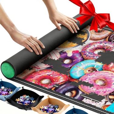Imagem de Lwoeo Jigsaw Puzzle Mat Roll Up,No Creases 43" x 26" Rubber Saver Pad Up to 1500 Pieces, Black Large Puzzel Matt Rollup with 6 Sorting Trays & 1 Storage Bag. Ideal for Holiday and Birthday