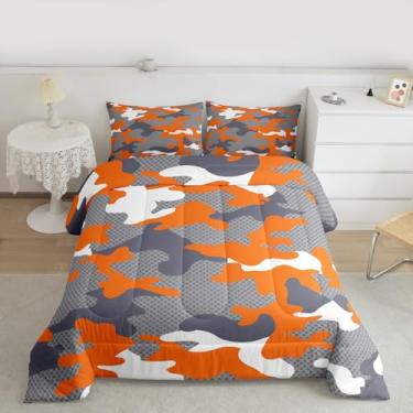 Imagem de jejeloiu Conjunto de edredom camuflado, tamanho casal, para crianças, meninos, meninas, estilo militar, edredom laranja, decoração de quarto, 3 peças com 2 fronhas