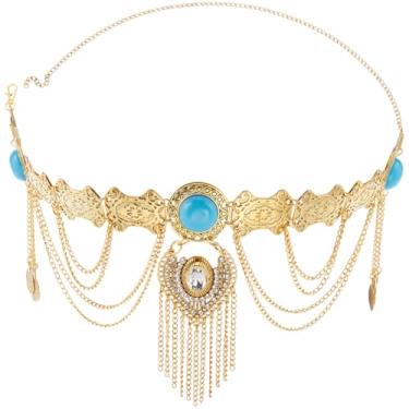 Imagem de GORGECRAFT Boho Cinto de corrente de ouro em camadas de borla moeda turquesa strass pingente detalhe correntes vintage boêmio liga ajustável corpo barriga vestido corrente corrente acessórios para