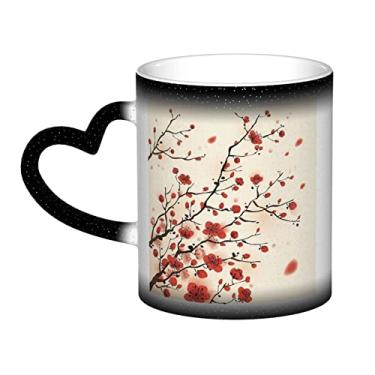 Imagem de Xícara de café divertida floral de ameixa japonesa, xícara de cerâmica mágica sensível ao calor que muda de cor, 12 Oz, para café/chá/leite/cacau, para adolescente/aniversário/festival/presentes