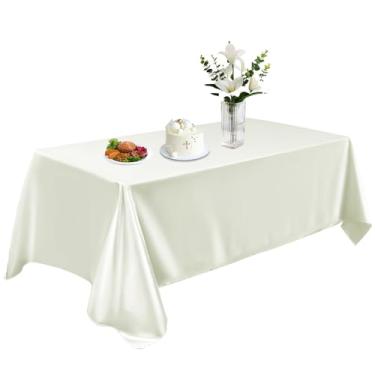 Imagem de Toalha de mesa de cetim 147 x 260 cm, toalha de mesa retangular lavável, toalha de mesa de tecido liso, decoração de mesa de seda brilhante para jantar, cozinha, festa, casamento, banquete, marfim