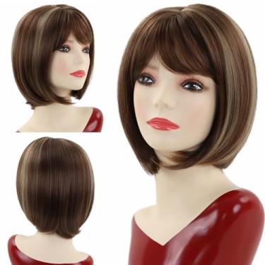 Imagem de TISHINING Brown Highlights Peruca curta Bob com franja para mulheres, comprimento do queixo, marrom misto loiro, cabelo liso, peruca sintética, aparência natural, peruca de festa diária (30,5 cm)