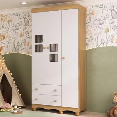 Imagem de Guarda-roupa Infantil 92cm com Vidro 3 Portas e 2 Gavetas Luna Multimóveis Mp4412 Madeirado/branco