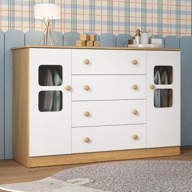 Imagem de Cômoda Infantil 125cm 2 Portas com Vidro e 4 Gavetas Brisa Multimóveis Mp4429 Madeirado/branco