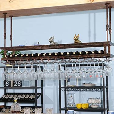 Imagem de Rack de vinho retrô de metal, suporte de garrafa de vinho para pendurar no teto com taças, unidades de barra, prateleiras flutuantes para embaixo do armário, decoração de casa