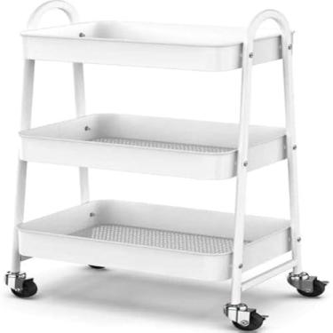 Imagem de Prateleira de armazenamento ajustavel com rodinhas, design branco, resistente, elegante, funcional.