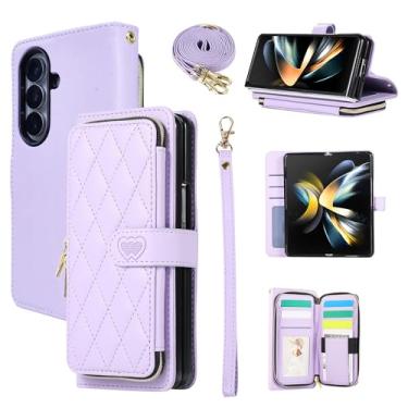 Imagem de YYTVN Capa carteira para Samsung Galaxy Z Fold 7 com zíper para cartão e alça de ombro e alça de pulso, bolsa transversal elegante capa protetora para Galaxy Z Fold 7 - roxo