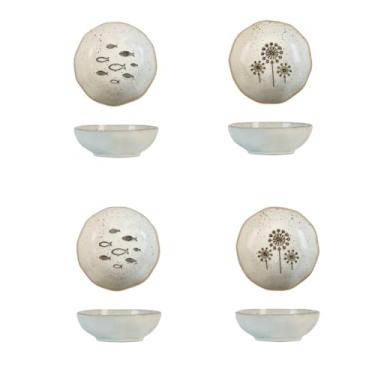 Imagem de HengYuhating Pacote com 4 tigelas pequenas de cerâmica, (9 cm) mini tigelas com 2 peixes e 2 desenhos de girassol | Ramequins espessos para molho, lanches, sorvete, charcutaria | Seguro para