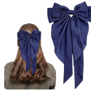 Imagem de Clipe de Cabelo Grande com Laço em Tecido Cetim Premium — Acessório Feminino Clássico e Sofisticado(Azul Marinho)