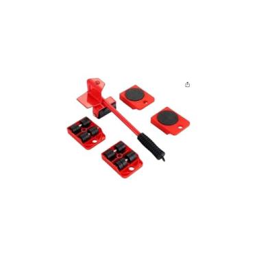 Imagem de Kit Levantador de Móveis com Rodinhas, 5 Peças, Vermelho, Metal e Plástico, Suporta 150kg, Inclui Alavanca e 4 Rodas