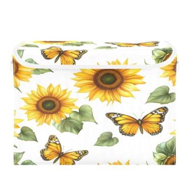 Imagem de CEBUGI Caixotes de armazenamento com tampas, caixa de armazenamento de tecido dobrável, girassóis e borboletas, compartimentos organizadores de cubo para armário de casa prateleiras de quarto 40 x 32