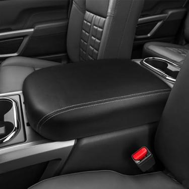Imagem de DEYTOP Capa de console central para Nissan Titan 2016-2024 acessórios capa de apoio de braço para acessórios Nissan Titan protetor de apoio de braço de couro anti-arranhões (costura branca)