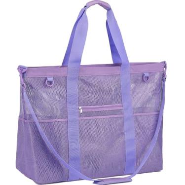 Imagem de Fammart Bolsa de praia de malha, sacola de praia grande com zíper, bolsa de piscina para viagem em família, férias, cruzeiro, essenciais, Extra grande, fecho de zíper - roxo, 3G